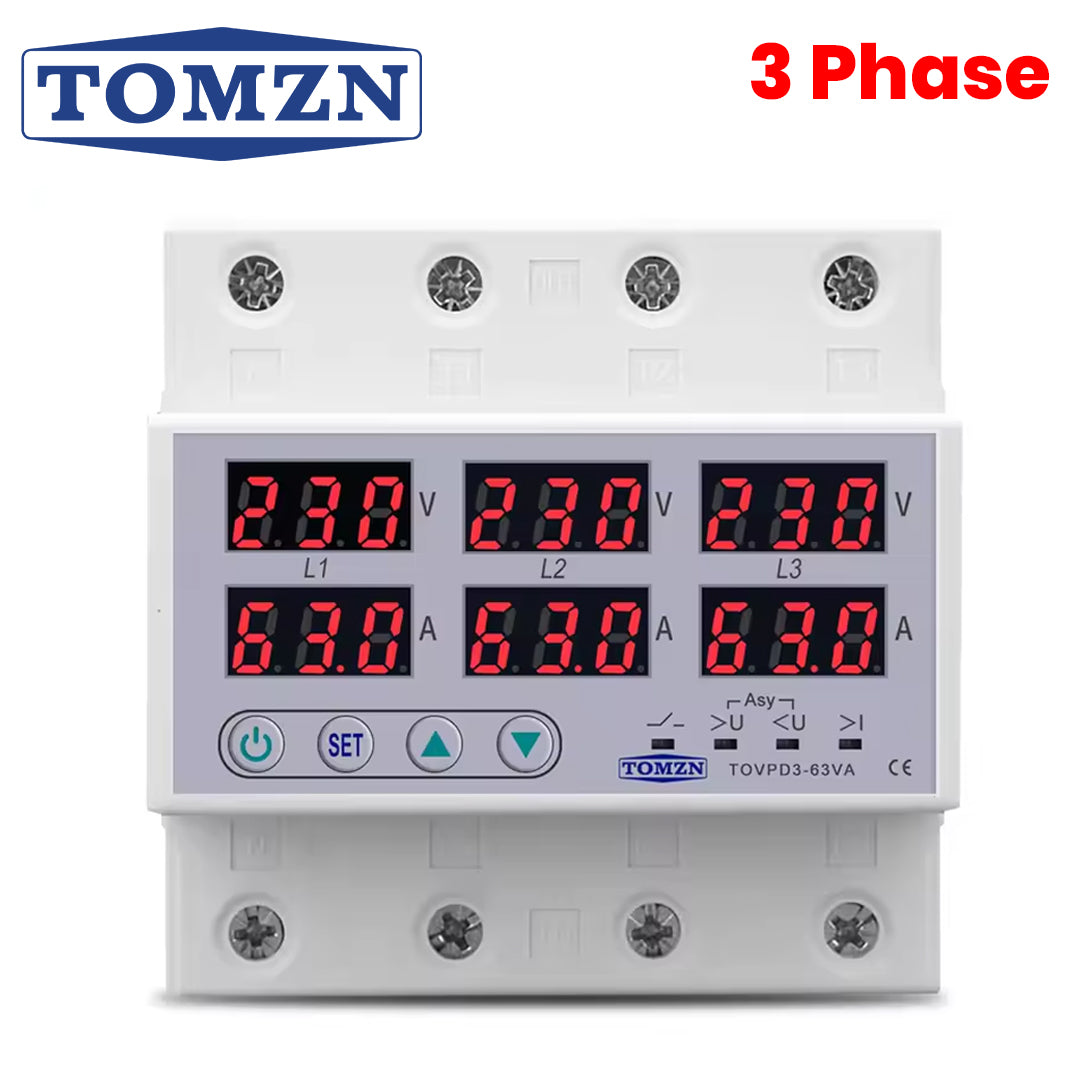 Tomzn 3-Phase 63A Adjustable Over/Under Voltage Current Protector – TOVPD3-63VA