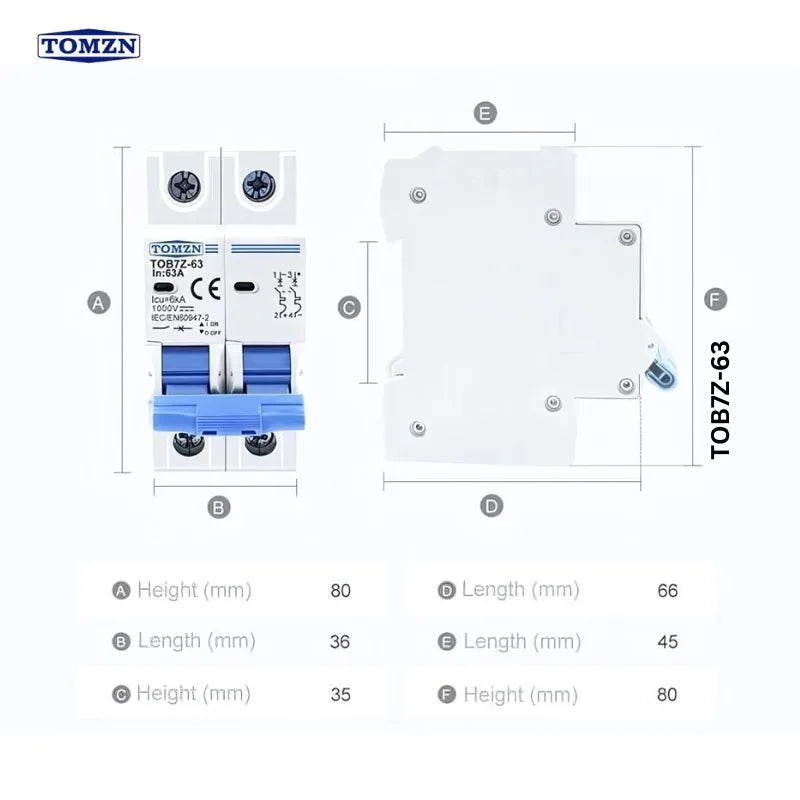 Tomzn TOB7Z-63 2P DC 1000V Mini Circuit Breaker (MCB)