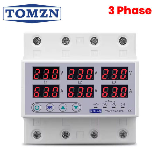 Tomzn 3-Phase 63A Adjustable Over/Under Voltage Current Protector – TOVPD3-63VA