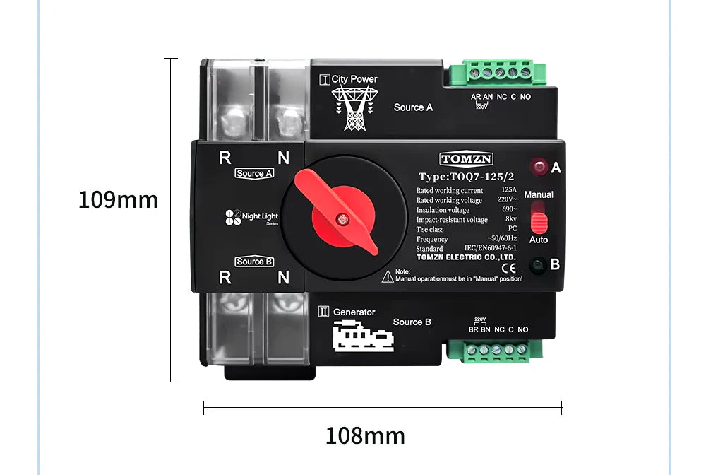 Tomzn TOQ5 2P-125A and 63A AC Single Phase Automatic Transfer Switch (ATS)