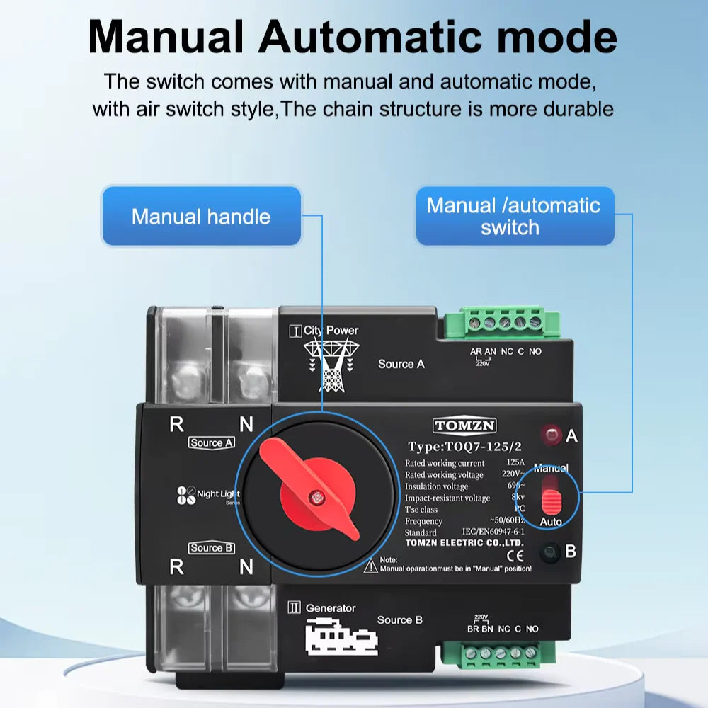 Tomzn TOQ5 2P-125A and 63A AC Single Phase Automatic Transfer Switch (ATS)